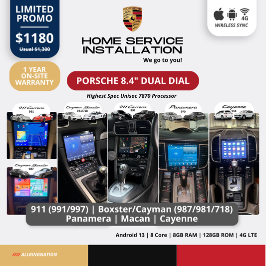 PORSCHE 8.4” HIGHEST SPEC LATEST ANDROID DUAL DIAL HEADUNIT PLAYER for Porsche 911,Cayenne, Carrera, Cayman, Boxster, Panamera, Macan | 8 Core Chip | WIRELESS CARPLAY & WIRELESS ANDROID AUTO | 8GB-RAM 128GB-ROM 4G-LTE + FREE INSTALLATION